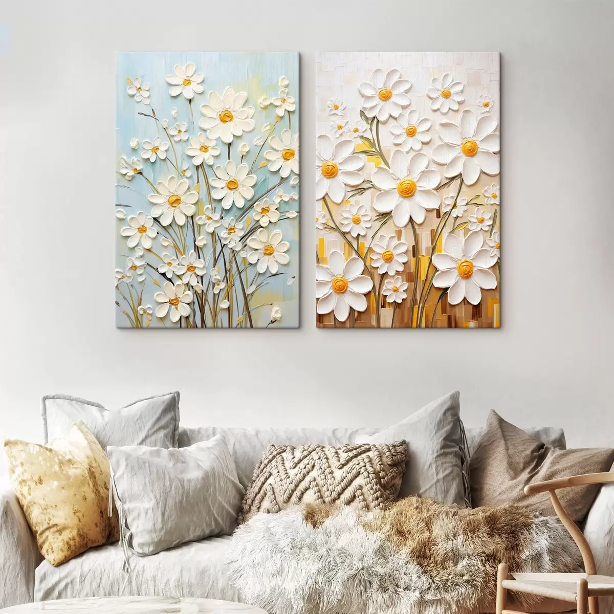 Fototapete Sonnige Blumen: Kunstduett mit volumetrischen Gänseblümchen und gelben Akzenten m00580