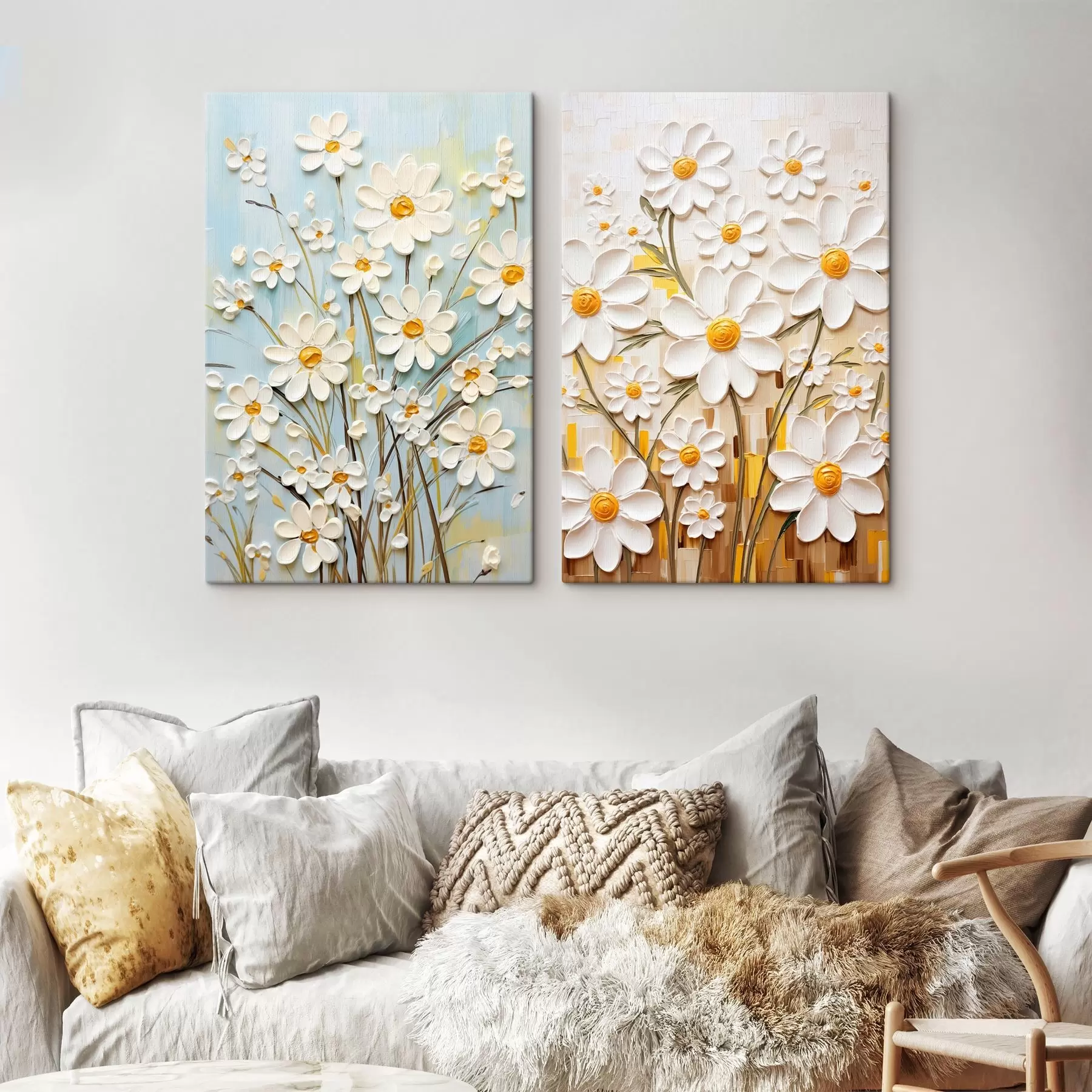 Fototapete Sonnige Blumen: Kunstduett mit volumetrischen Gänseblümchen und gelben Akzenten m00580