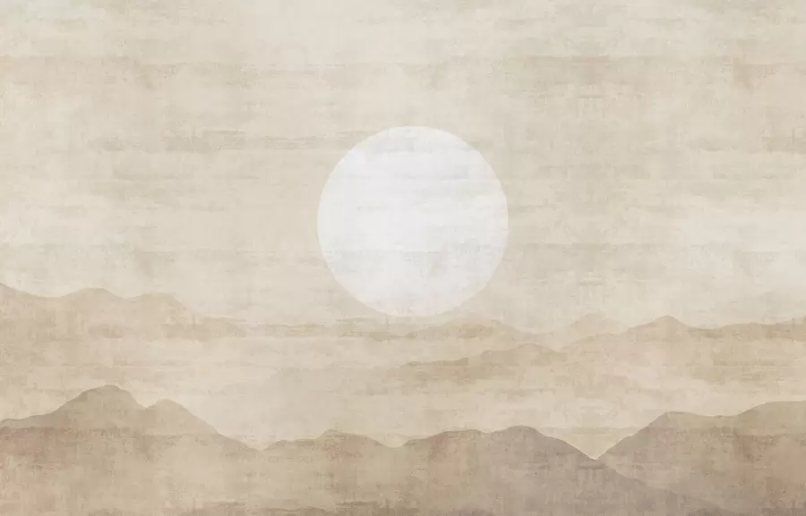 Fototapete Minimalistische Berglandschaft mit großer weißer Sonne w04345