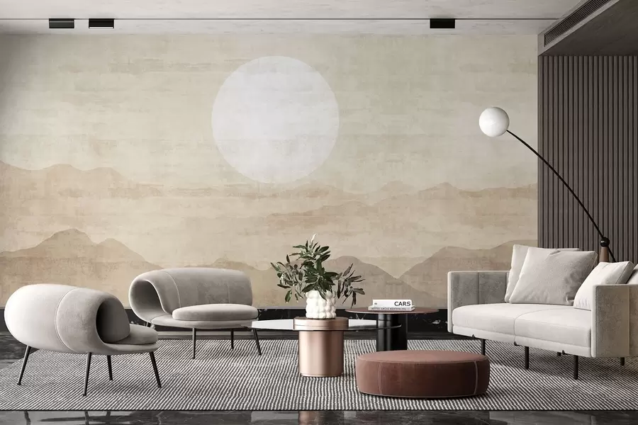 Fototapete Minimalistische Berglandschaft mit großer weißer Sonne w04345