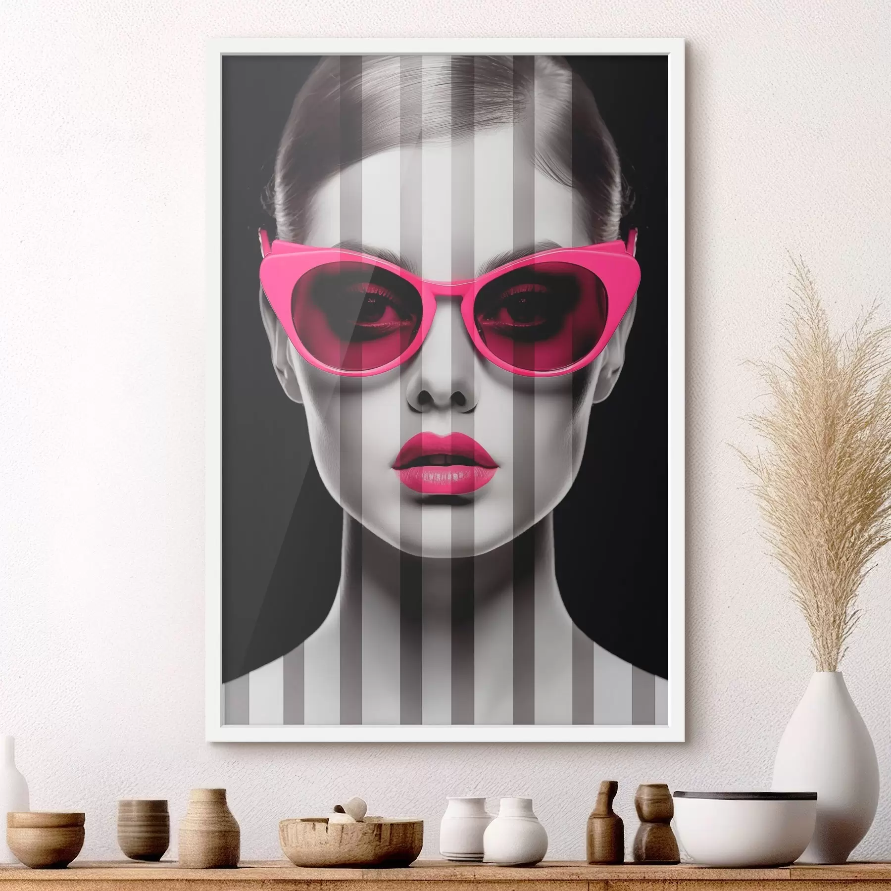 Fototapete Frau mit rosa Brille mit schwarzen und weißen Streifen f45315