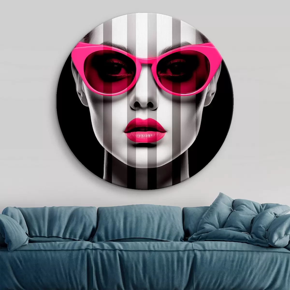 Runde Wandbilder Frau mit rosa Brille mit schwarzen und weißen Streifen r45315