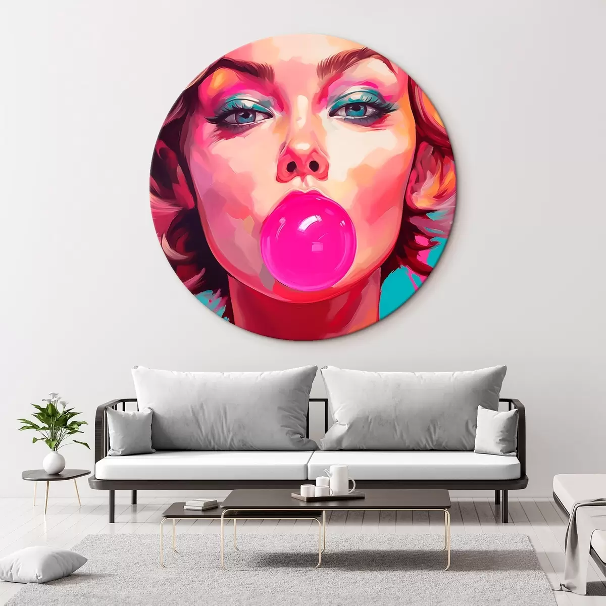 Runde Wandbilder Mädchen mit rosa Kaugummi r45321