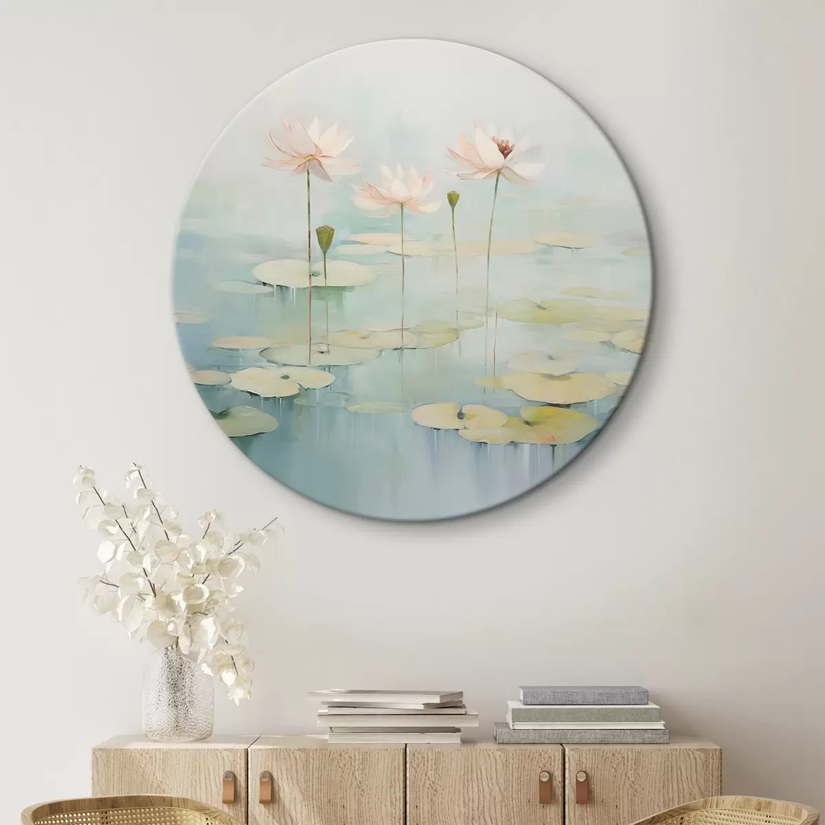 Runde Wandbilder Lotusblätter und Blumen auf dem Teich r45350