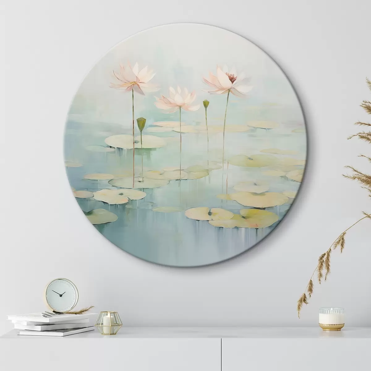 Runde Wandbilder Lotusblätter und Blumen auf dem Teich r45350