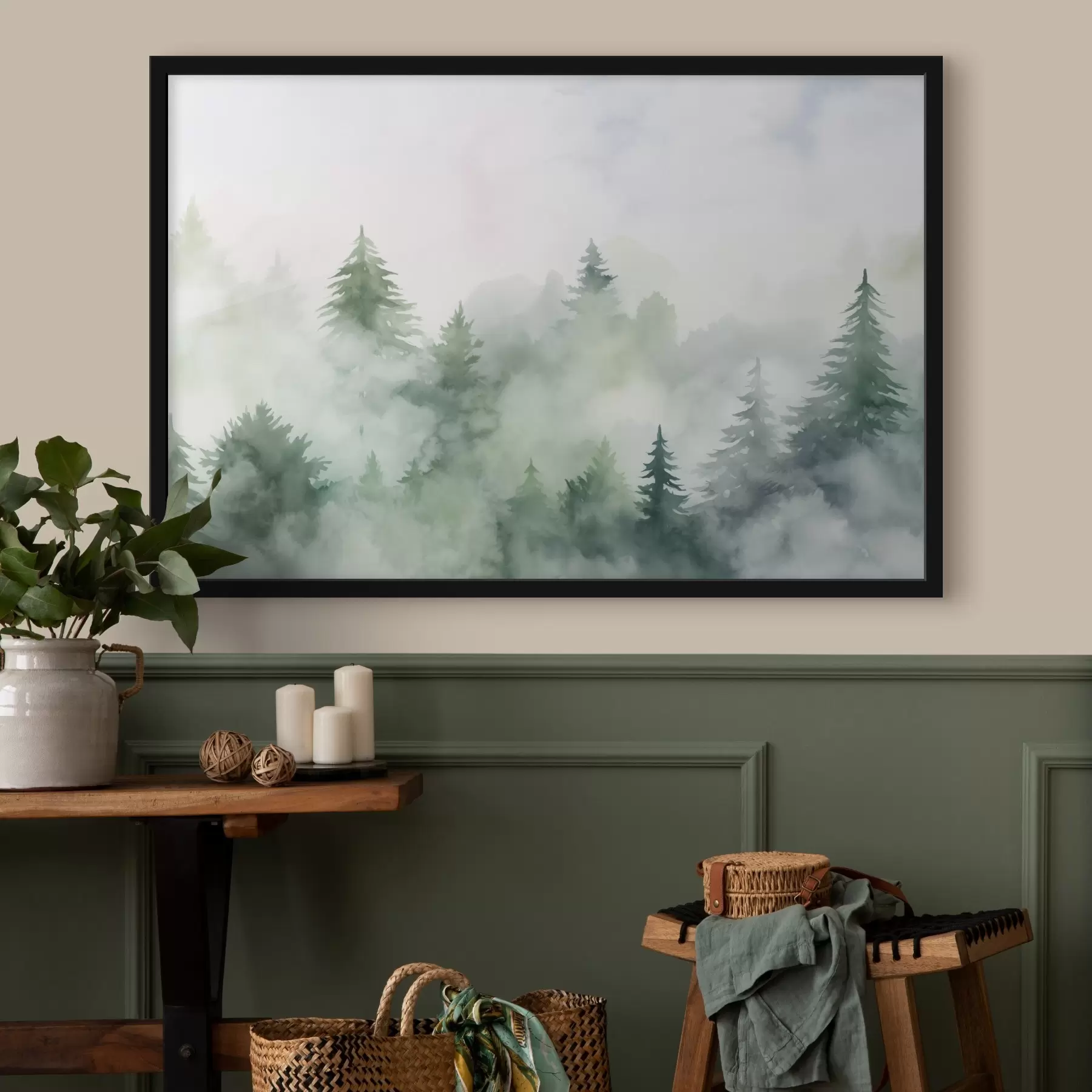 Fototapete Wald im Nebel Nachahmung von Aquarell f45343