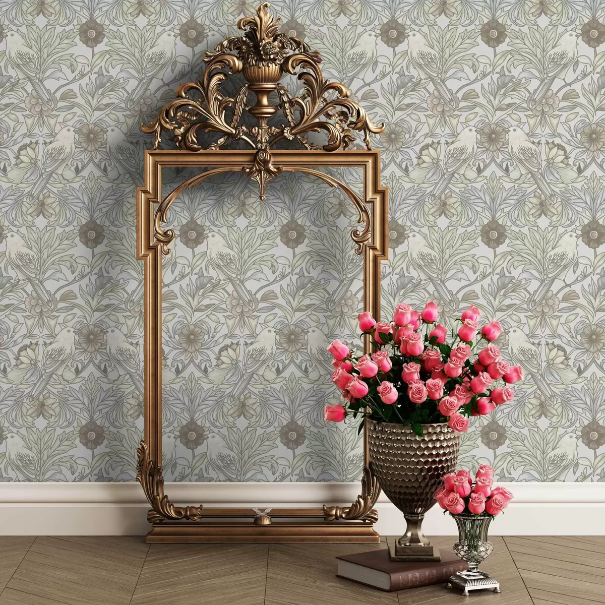 Tapete Vögel im Jugendstil und stilisierte Blumen in Pastell a00385