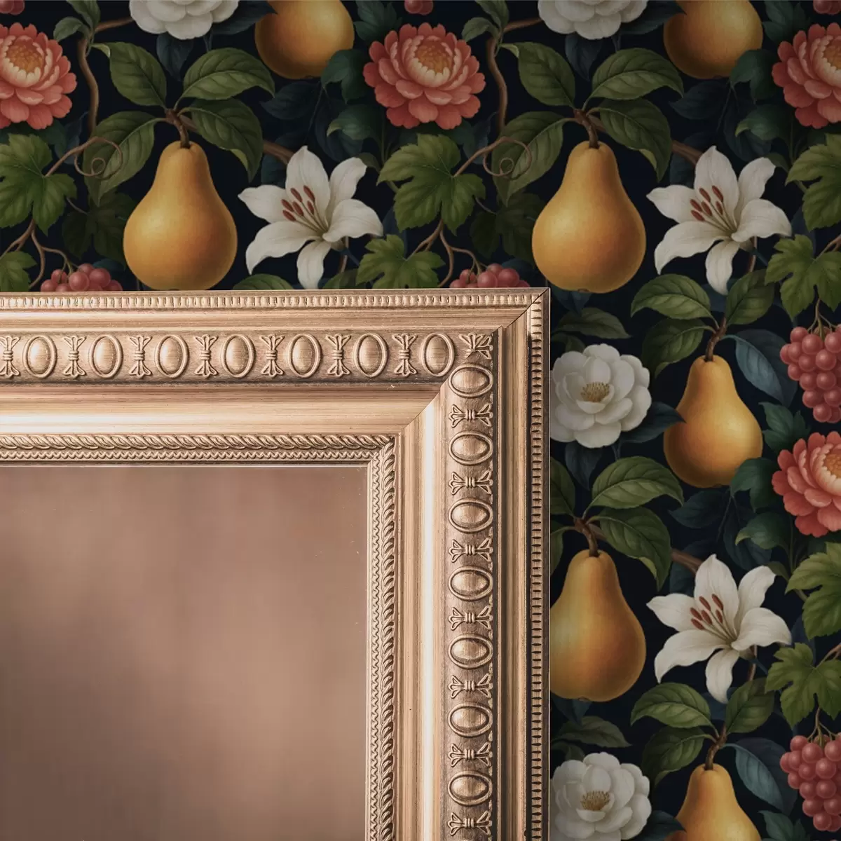 Tapete Barocke Früchte und Blumen auf einem dramatischen dunklen Hintergrund a00387