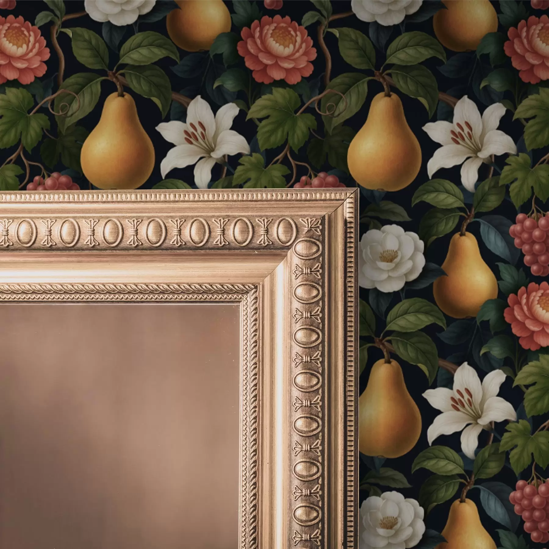 Fototapete Barocke Früchte und Blumen auf einem dramatischen dunklen Hintergrund a00387