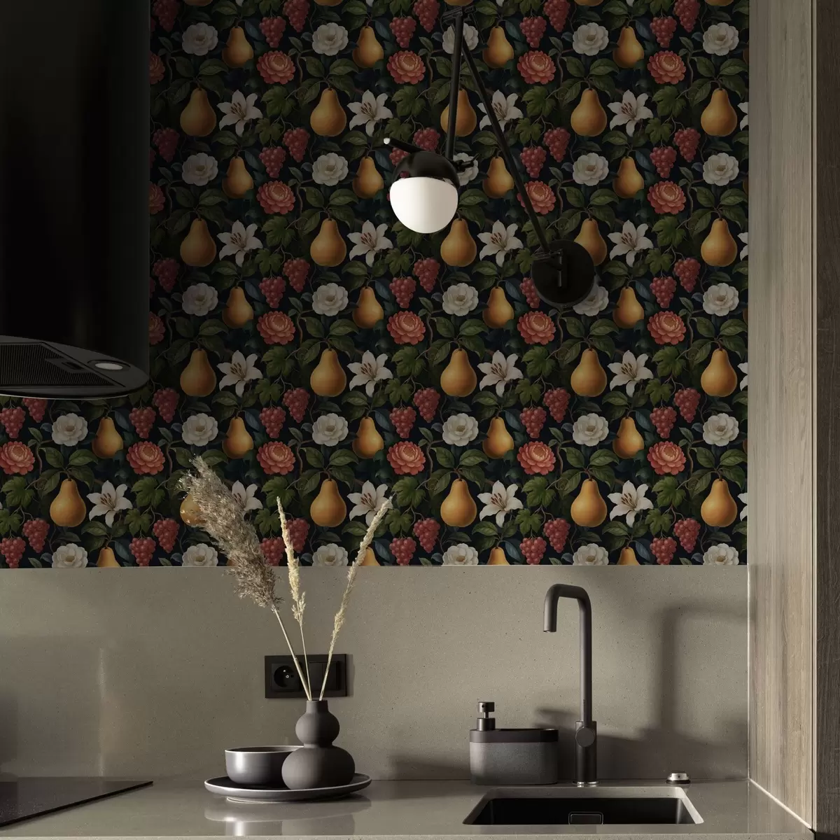Tapete Barocke Früchte und Blumen auf einem dramatischen dunklen Hintergrund a00387