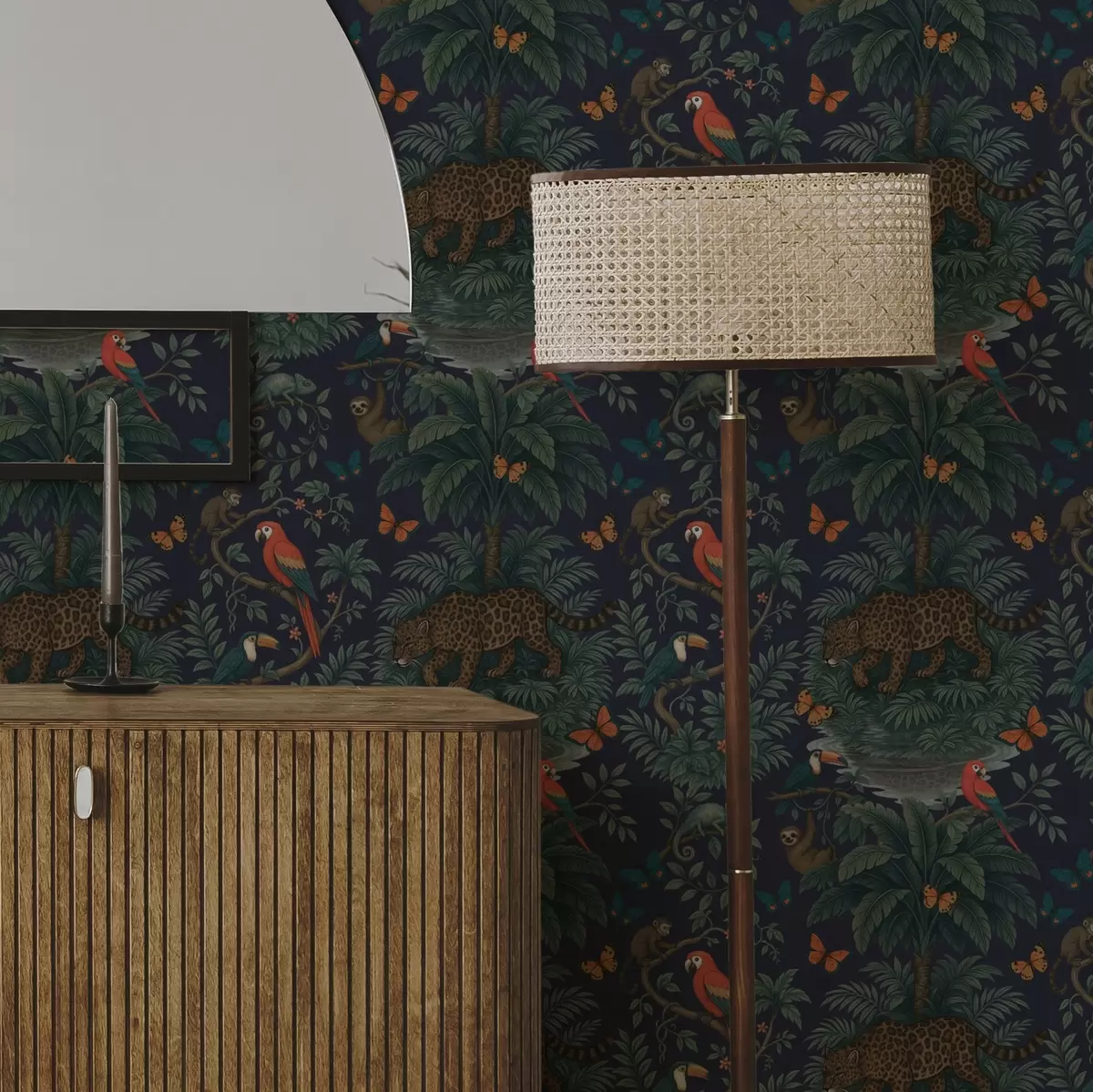 Tapete Tropischer Dschungel mit Leoparden, Leoparden, Papageien und Schmetterlingen a00388