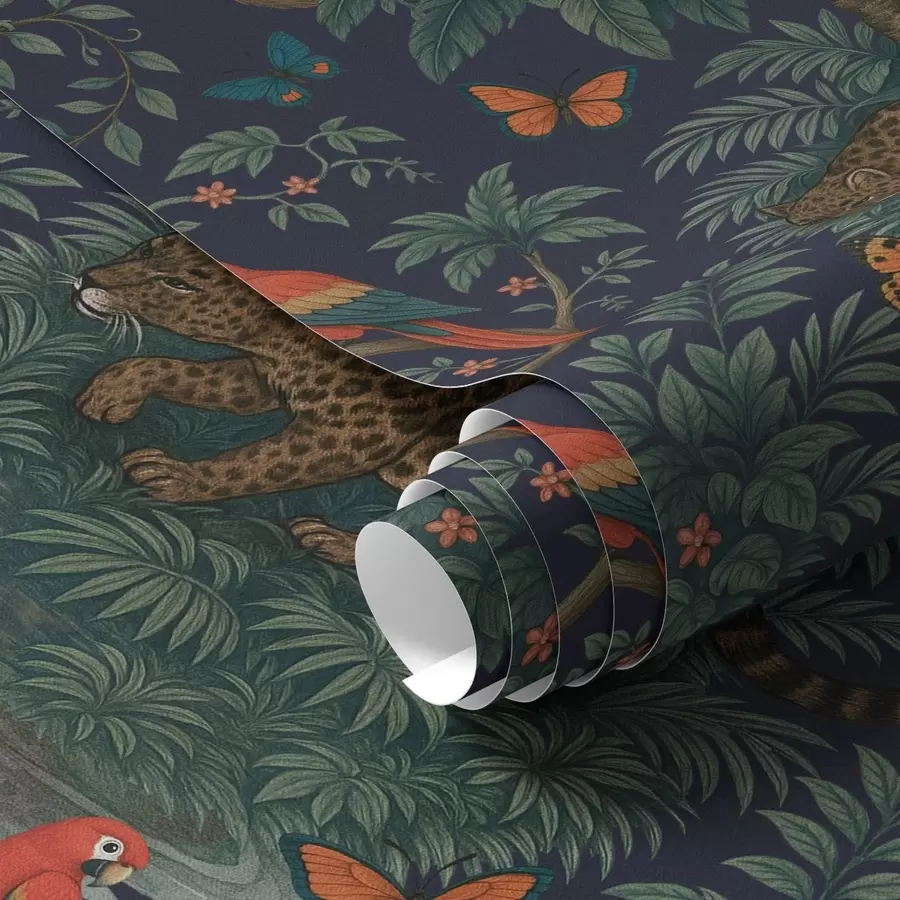 Fototapete Tropischer Dschungel mit Leoparden, Leoparden, Papageien und Schmetterlingen a00388