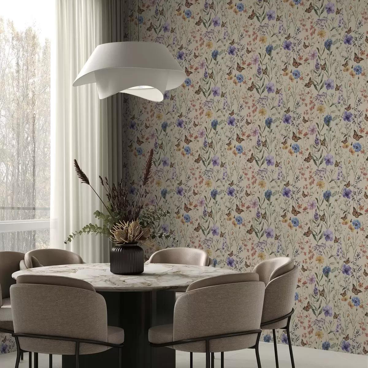 Tapete Wildblumen und Schmetterlinge im weichen Aquarellstil a00389