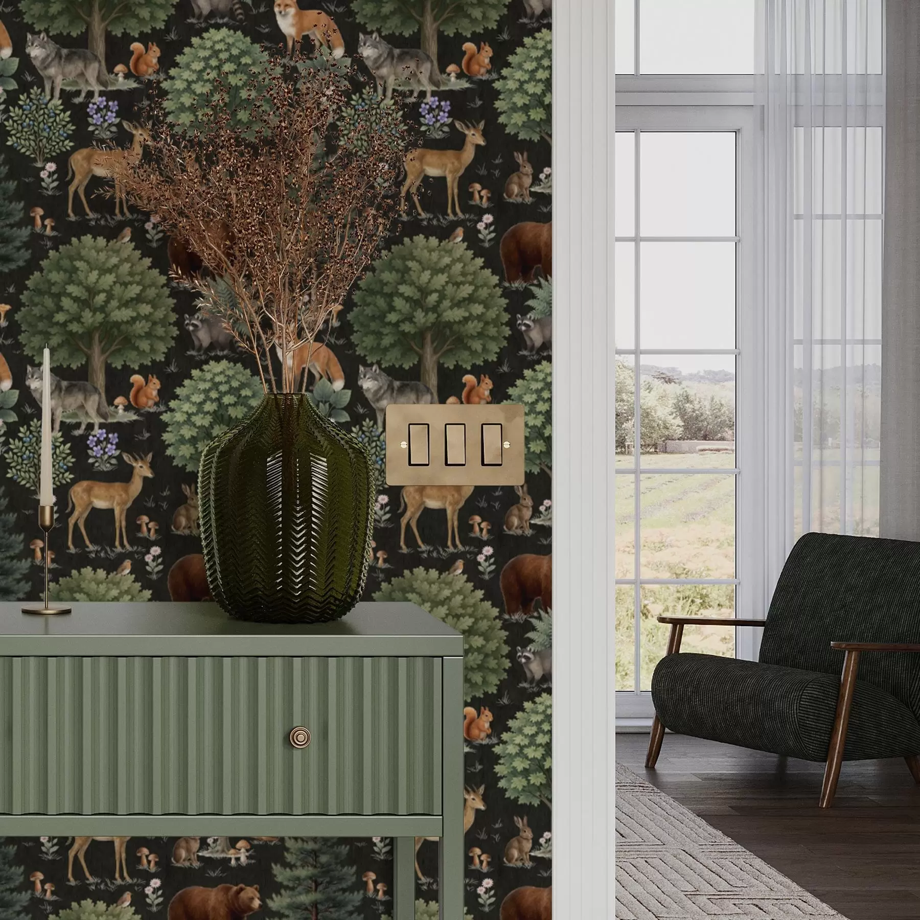 Fototapete Aquarell Waldtiere mit Bäumen und Pilzen a00391