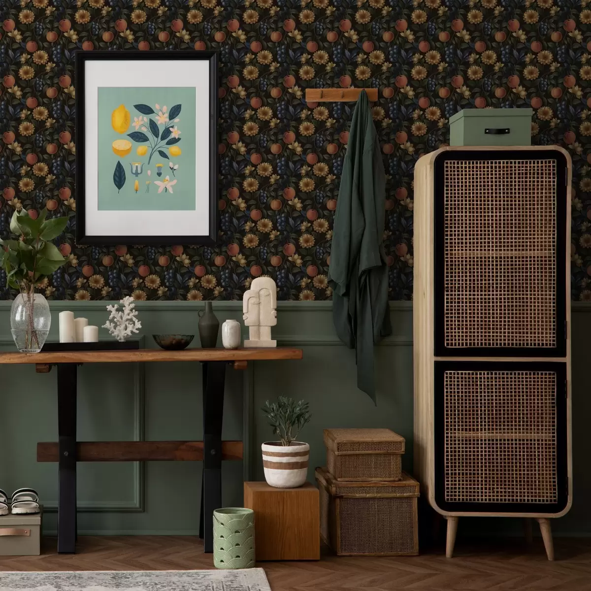 Tapete Früchte und goldene Blumen auf dunklem botanischem Hintergrund a00395