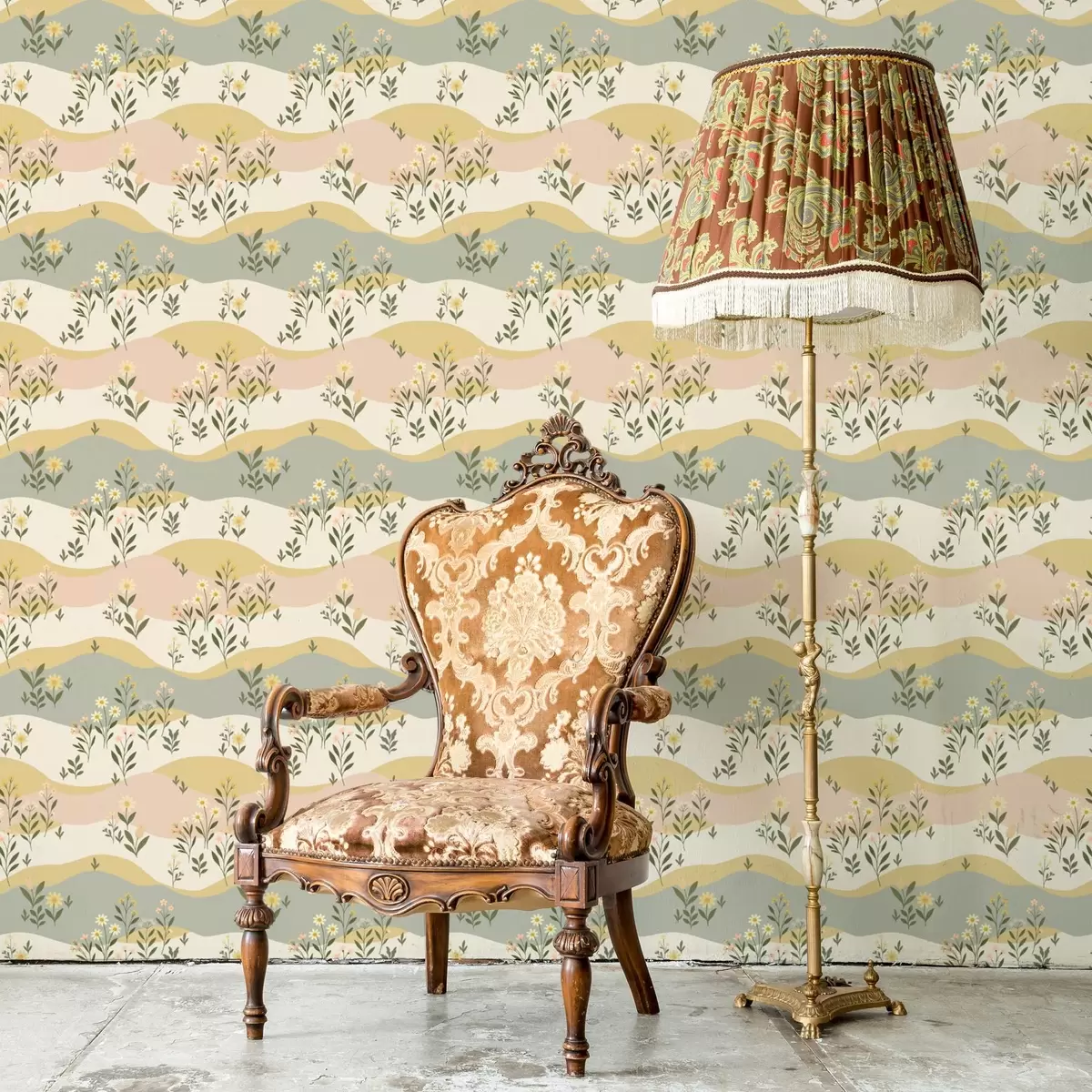 Tapete Gewellte Wiesenblumen in pastellfarbenem, minimalistischem Stil a00396