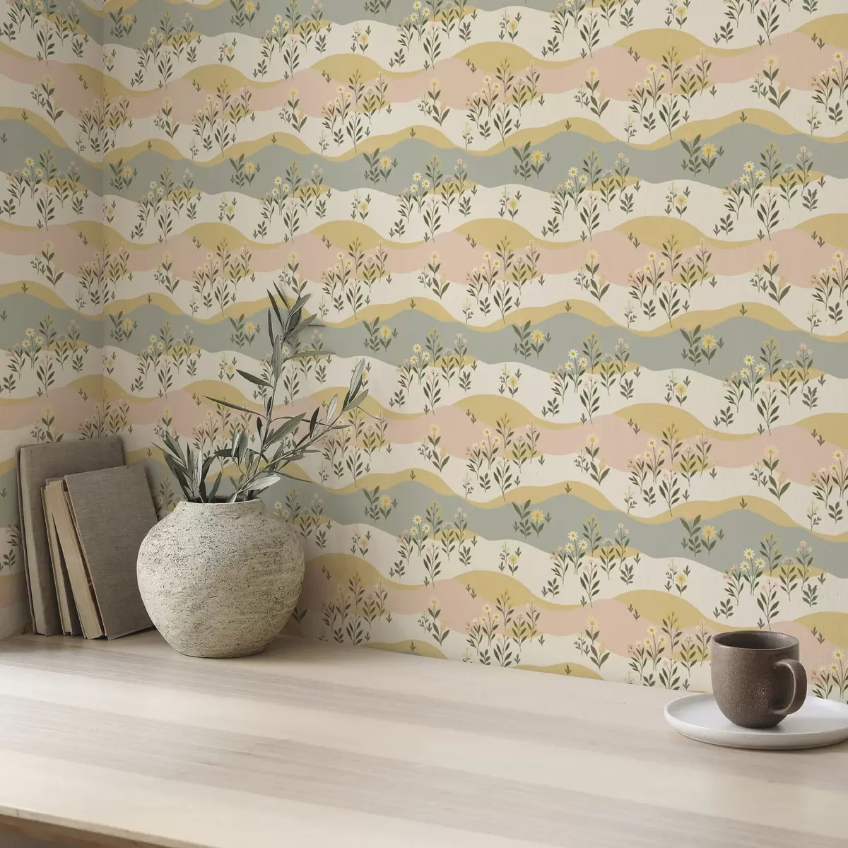Tapete Gewellte Wiesenblumen in pastellfarbenem, minimalistischem Stil a00396