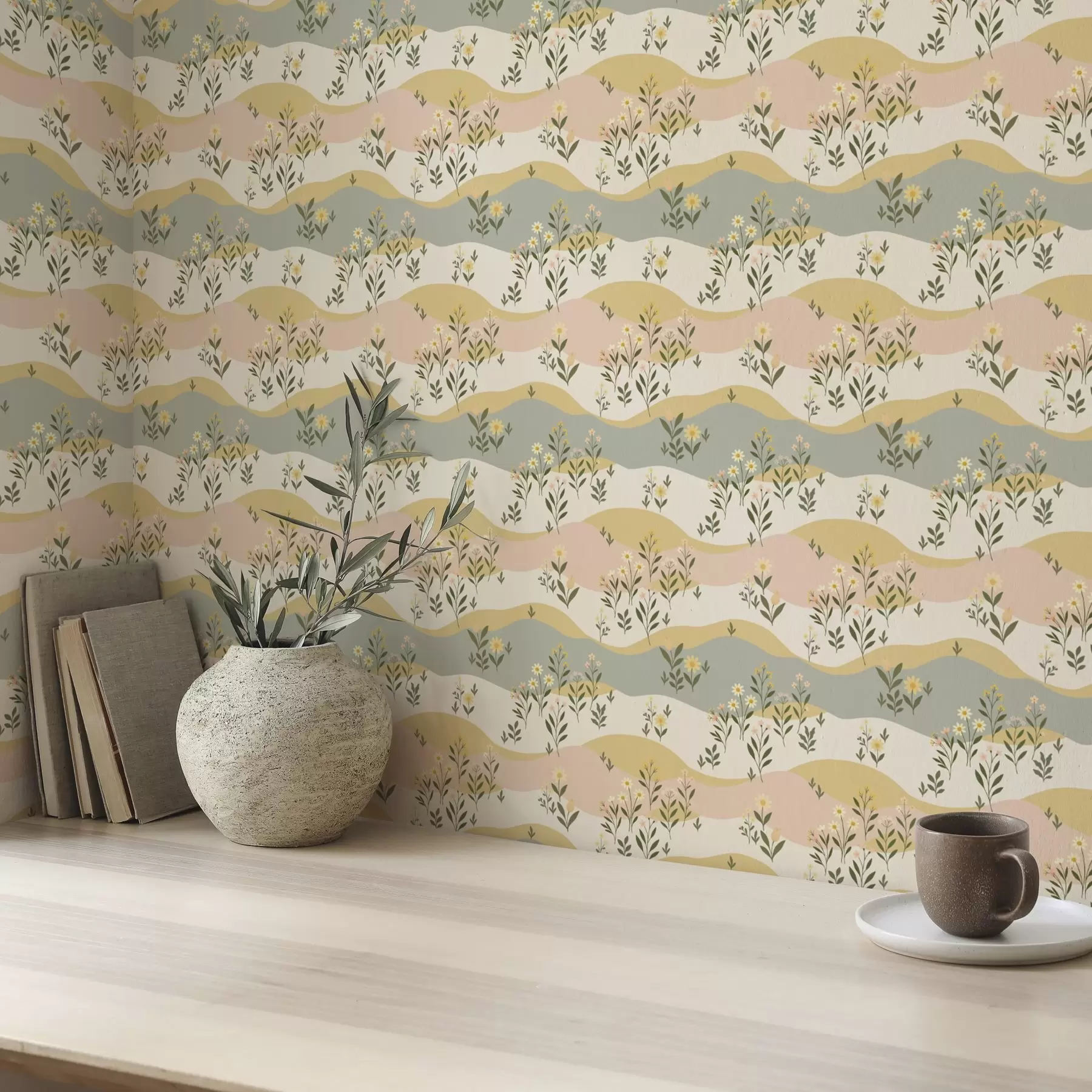 Fototapete Gewellte Wiesenblumen in pastellfarbenem, minimalistischem Stil a00396