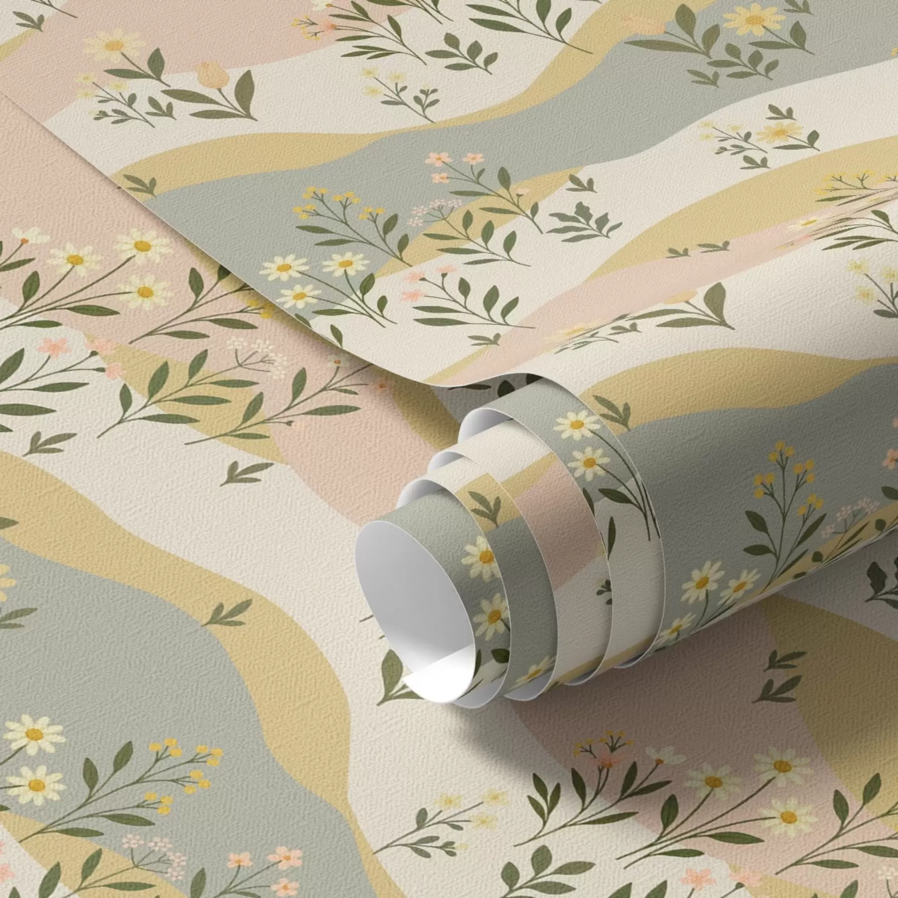 Fototapete Gewellte Wiesenblumen in pastellfarbenem, minimalistischem Stil a00396