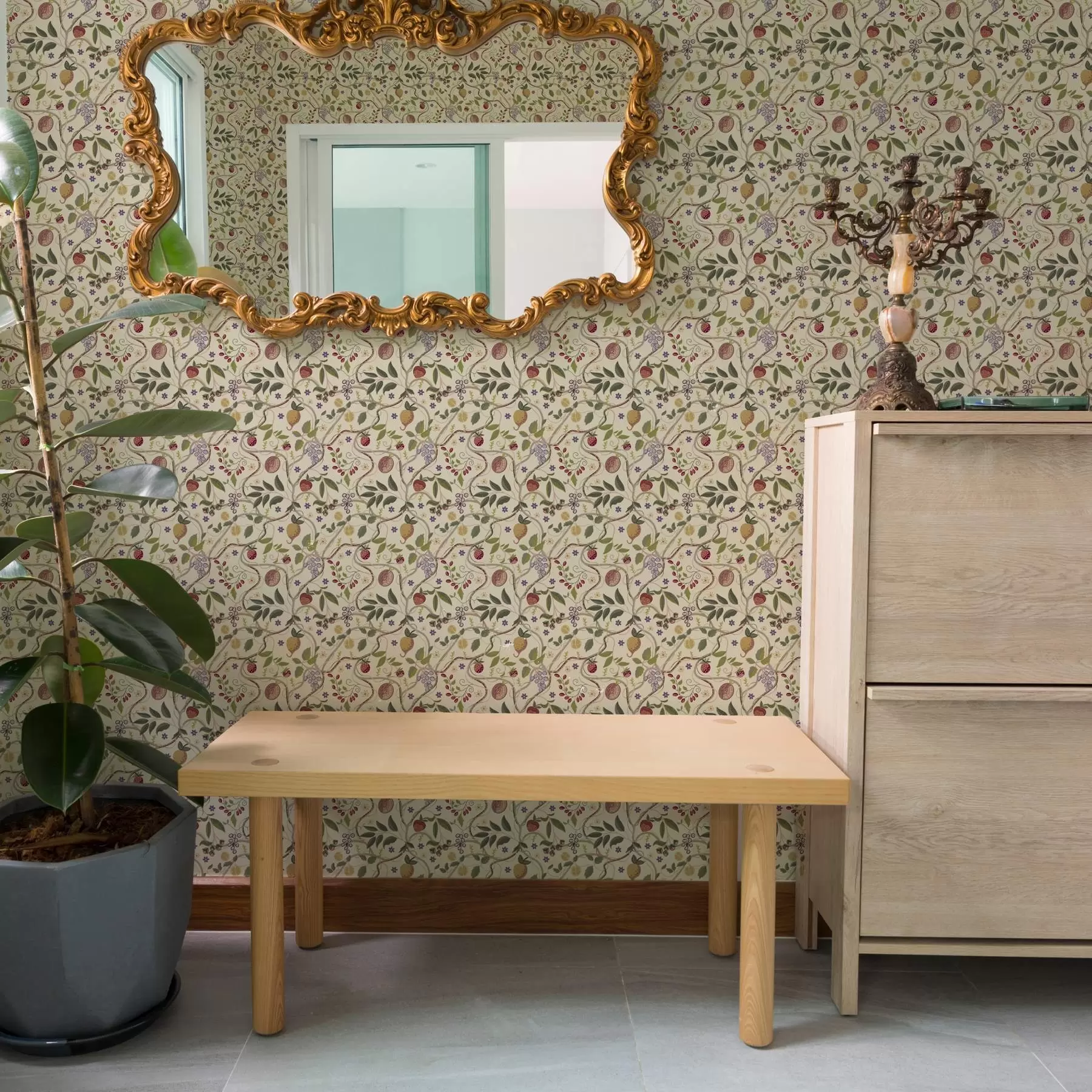 Fototapete Obstmuster mit Beeren, Zweigen und Blumen a00428