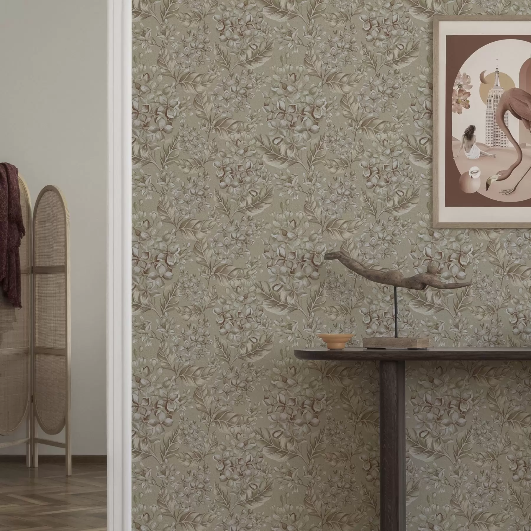 Fototapete Beigefarbene Zweige mit weißen Blüten in warmen Farbtönen a00441