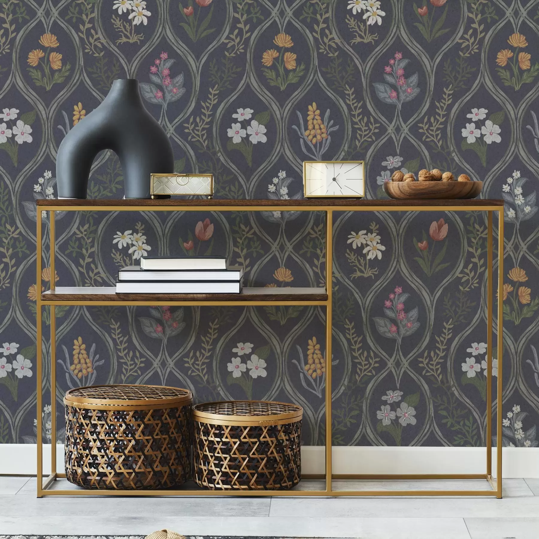 Fototapete Dunkler Vintage-Rahmen mit bunten Gartenblumen a00454