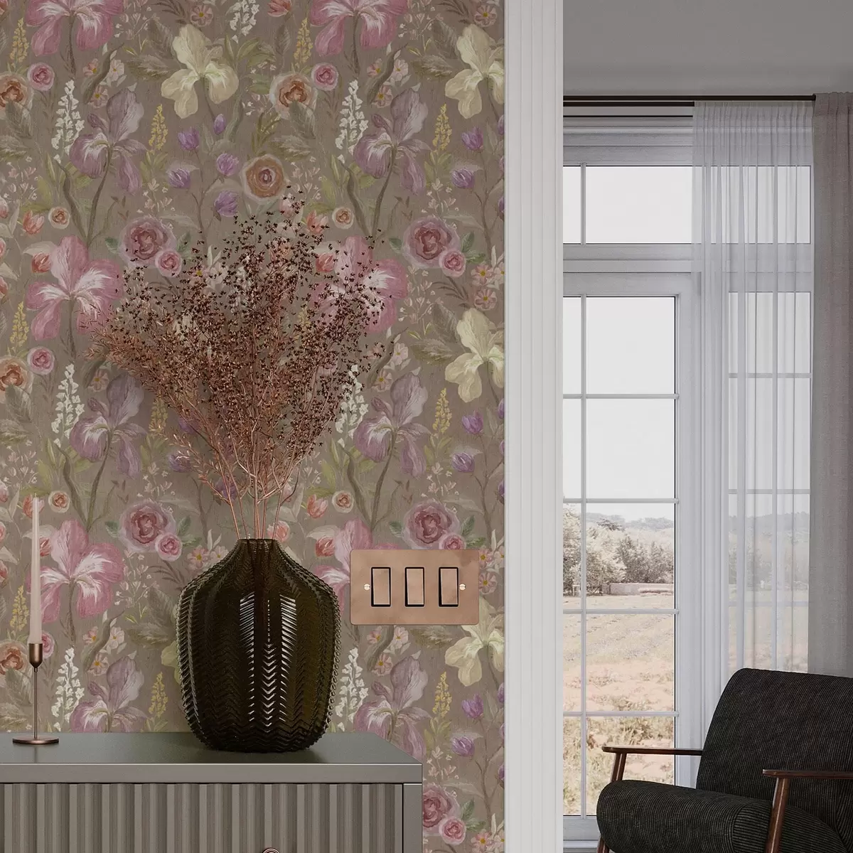 Tapete Vintage rosa Iris Blume Muster auf beige strukturierten Hintergrund a00457