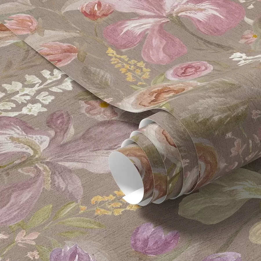 Fototapete Vintage rosa Iris Blume Muster auf beige strukturierten Hintergrund a00457