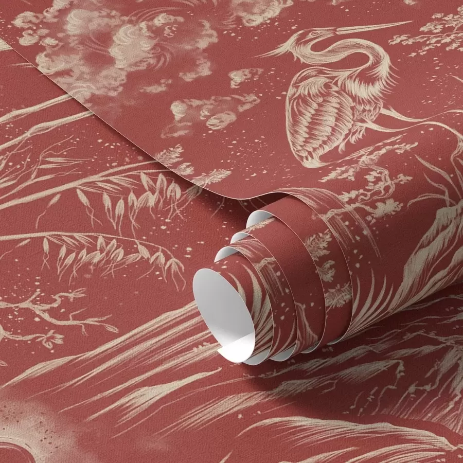 Fototapete Reiher, Berge und Wolken im Stil der japanischen Gravur a00458