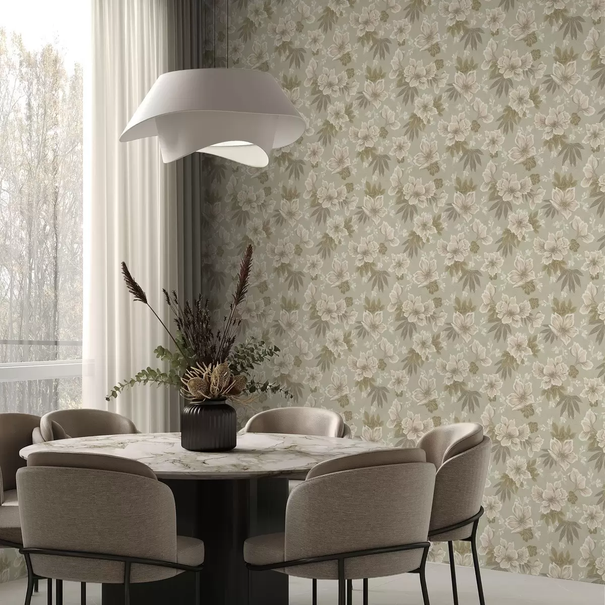 Tapete Cremefarbene Blumen auf olivgrünem Hintergrund a00462