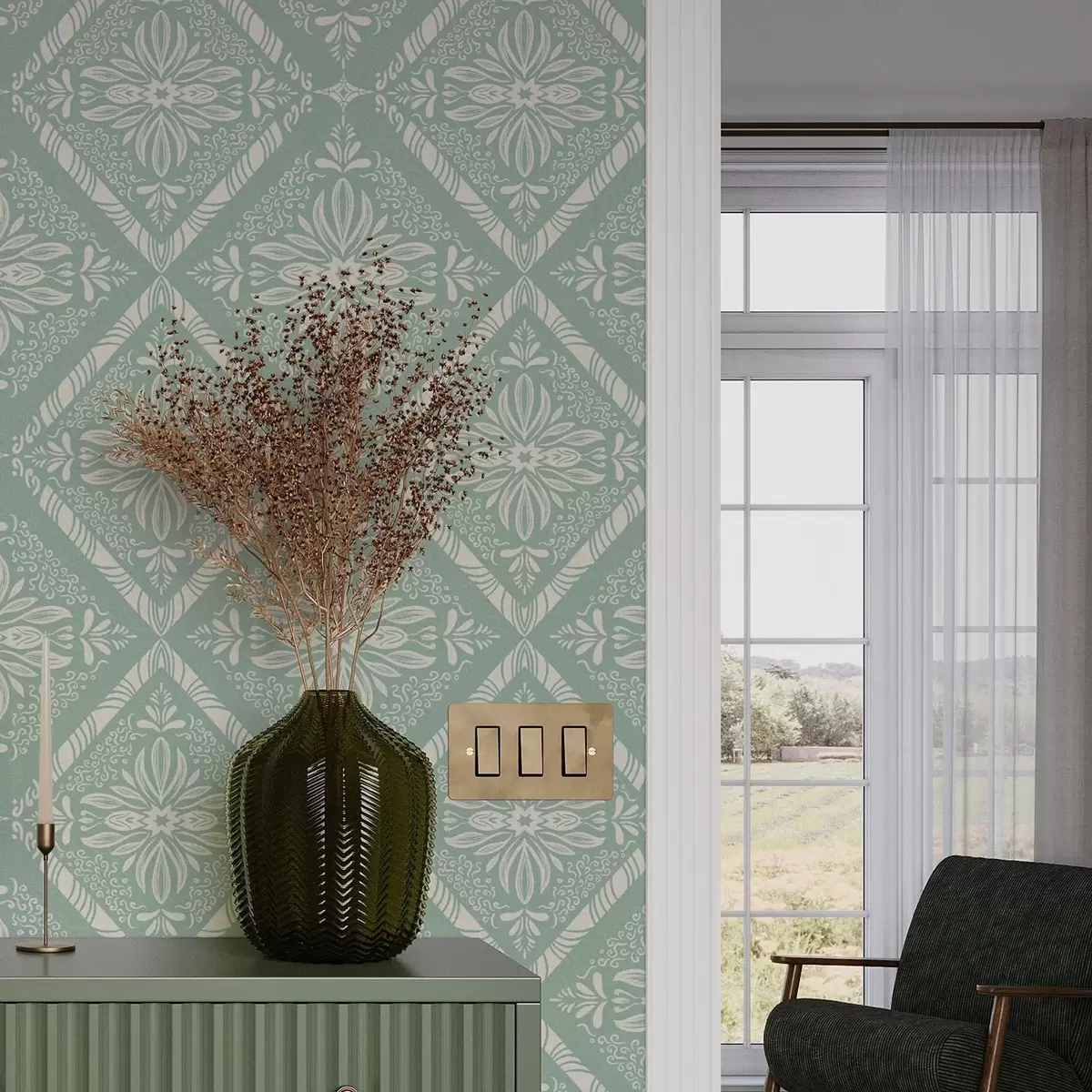Tapete Geometrisches Muster in Türkis und Beige mit Locken a00466