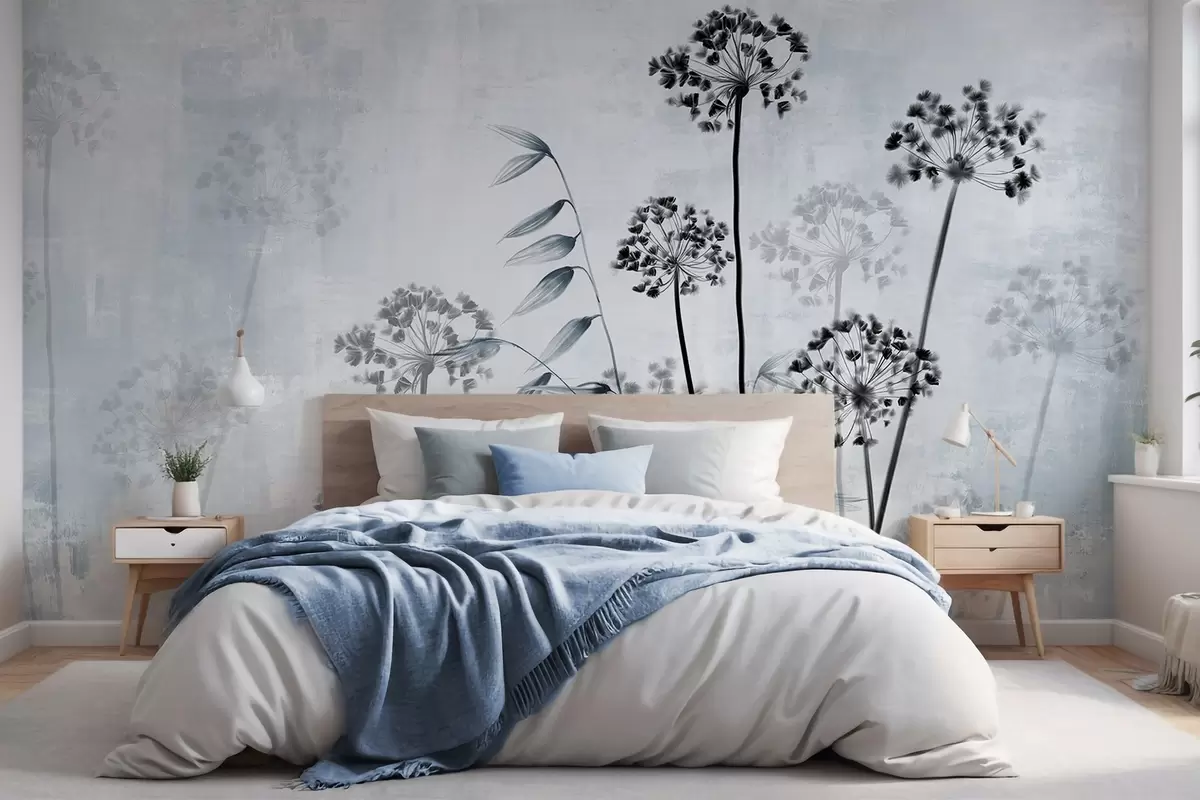Fototapete Getrocknete Blumen Zeichnung mit langen Stielen, monochrome Palette, vor einem strukturierten, hellgrauen Hintergrund, botanische Illustration w09314