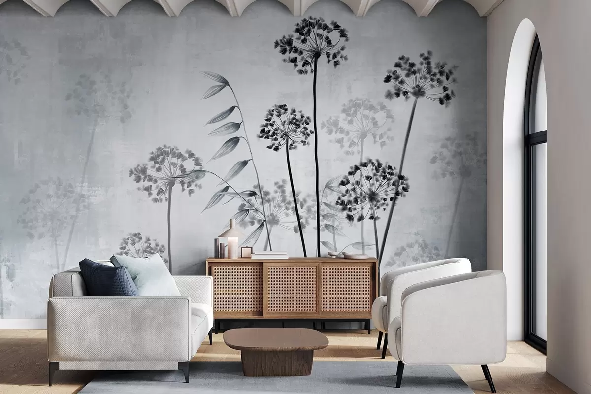 Fototapete Getrocknete Blumen Zeichnung mit langen Stielen, monochrome Palette, vor einem strukturierten, hellgrauen Hintergrund, botanische Illustration w09314