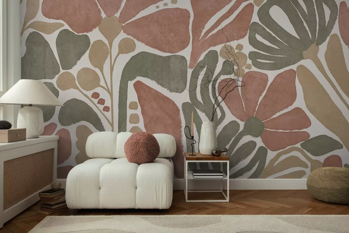 Fototapete Abstrakte Blumen in Rot-, Grün- und Beigetönen, mit hellem Hintergrund, in einem flachen, stilisierten modernen minimalistischen Design w09315