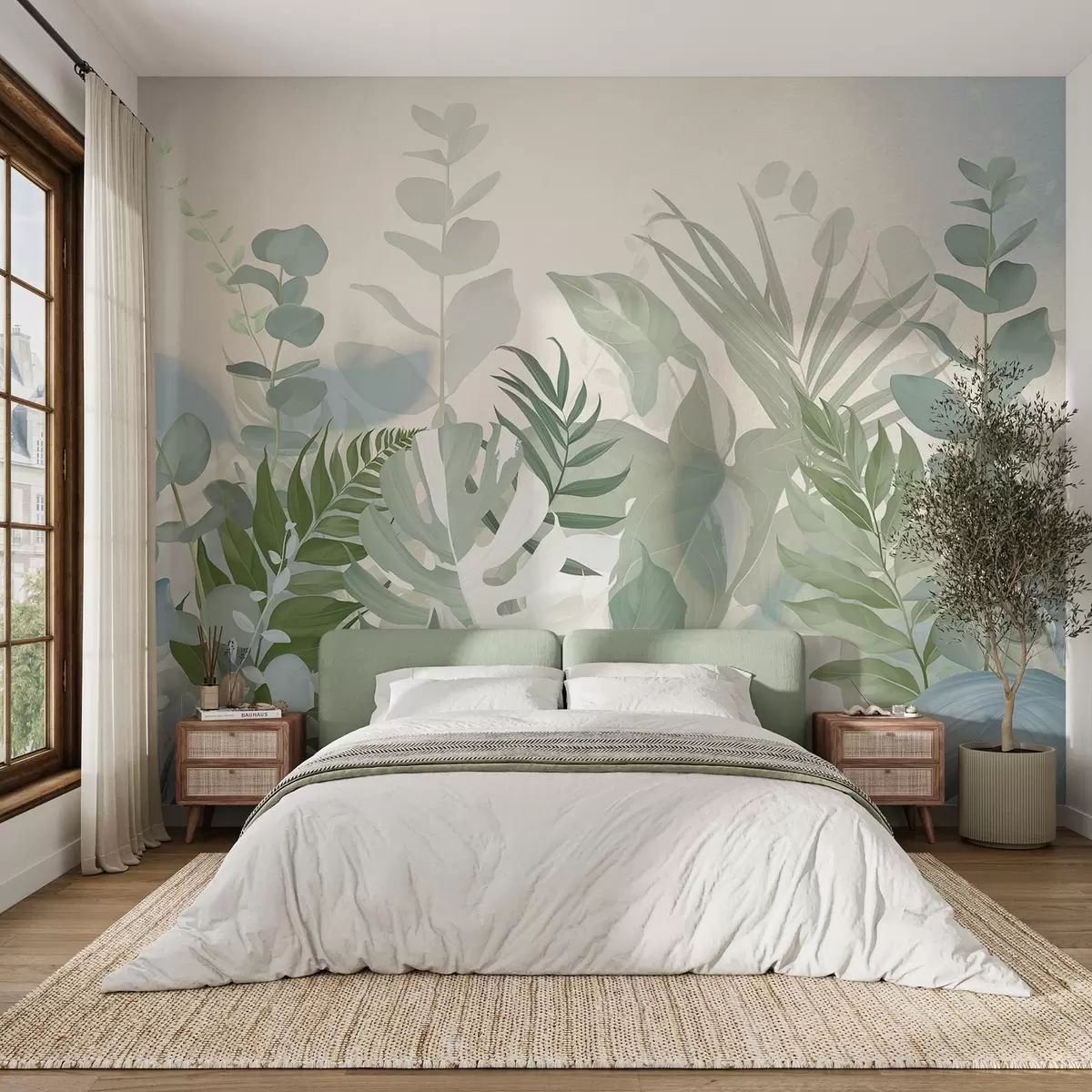 Fototapete Pastellgrüne Pflanzen Farne, monstera und Eukalyptus, Licht strukturierten Hintergrund, weiche Beleuchtung, friedlich, botanische Illustration w09316