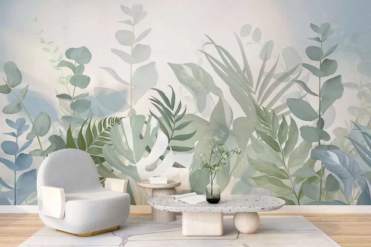 Fototapete Pastellgrüne Pflanzen Farne, monstera und Eukalyptus, Licht strukturierten Hintergrund, weiche Beleuchtung, friedlich, botanische Illustration w09316