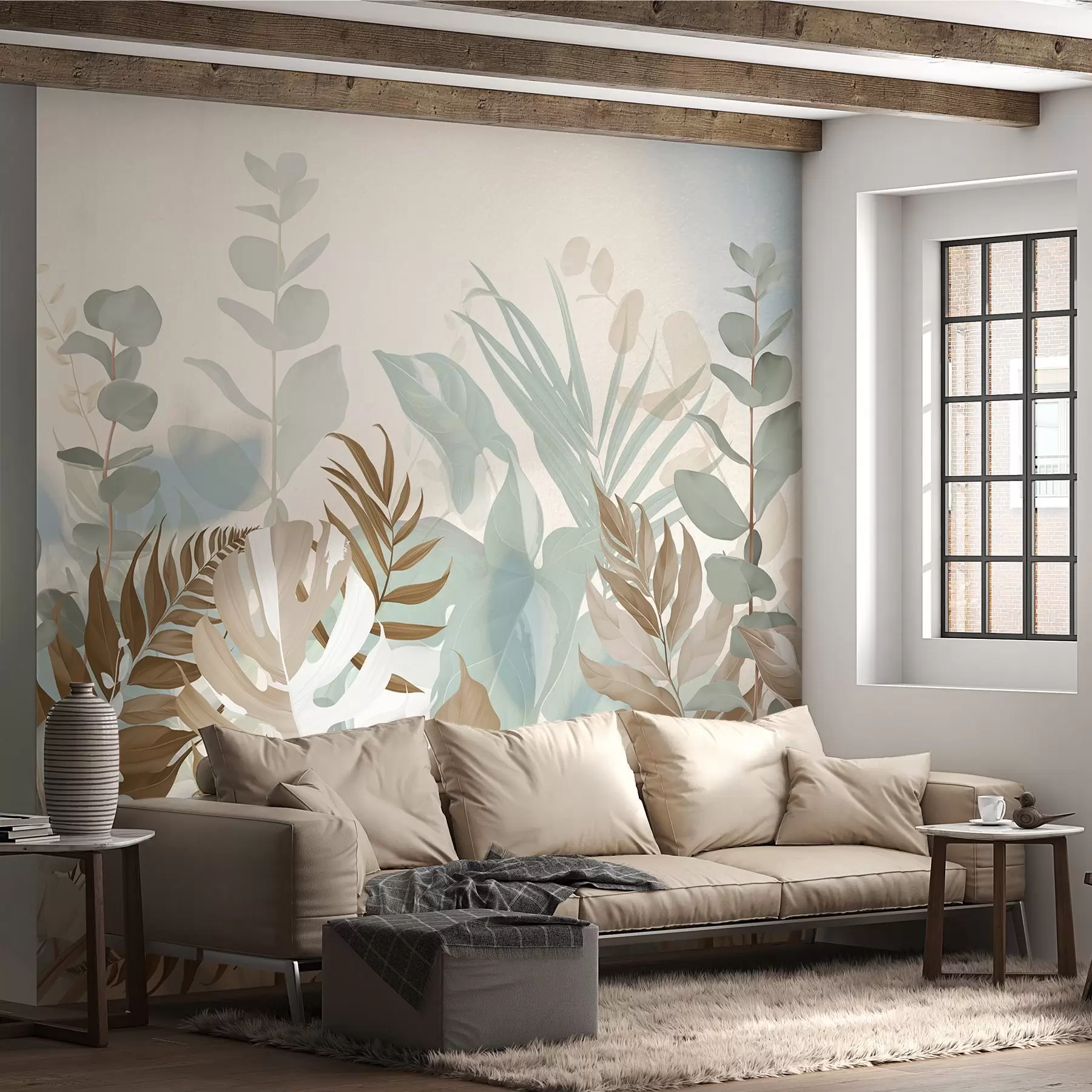 Fototapete Pastell Pflanzen Farne, Monstera und Eukalyptus, Licht strukturierten Hintergrund, weiche Beleuchtung, friedlich, botanische Illustration w09316v1