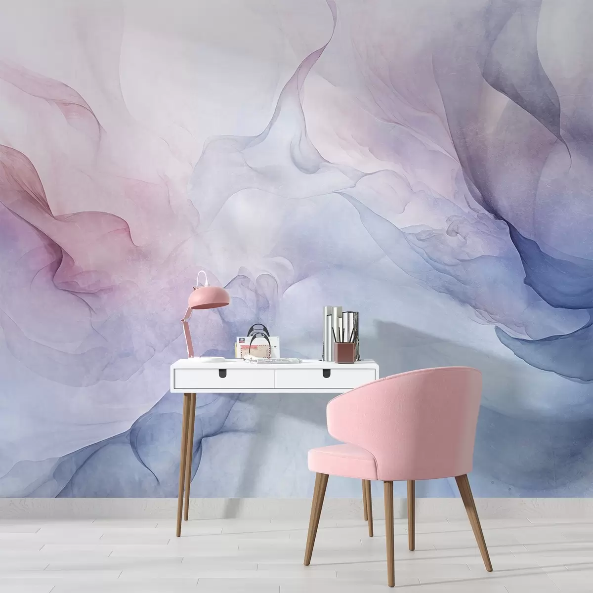 Fototapete Abstrakte, strukturierte Malerei mit fließenden Pastelltönen in Rosa, Lila und Blau, die einen weichen Effekt erzeugen w09318