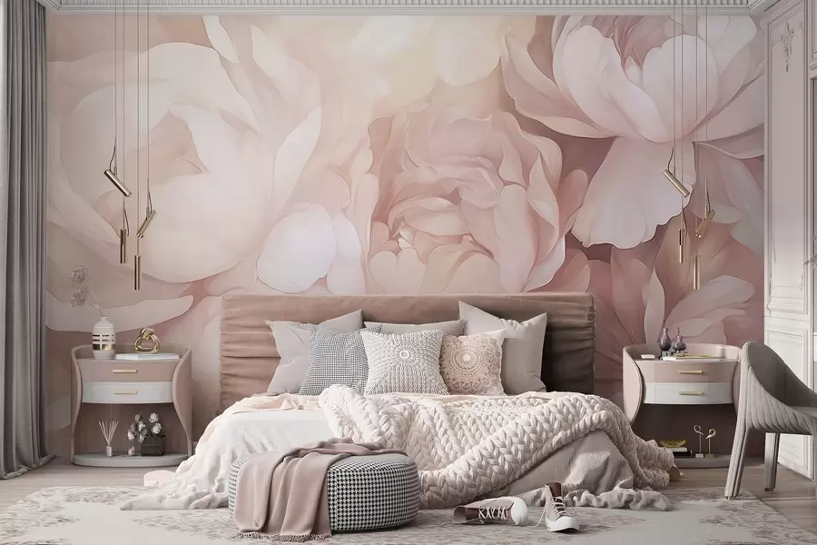 Fototapete Helle, pastellrosa Pfingstrosen mit weichen, strukturierten, zarten Blütenblättern, die dicht aneinandergereiht eine dichte Blumenkunst ergeben, sanfte Beleuchtung w09319