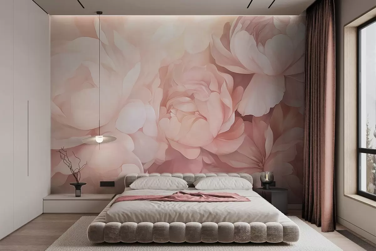 Fototapete Helle, pastellrosa Pfingstrosen mit weichen, strukturierten, zarten Blütenblättern, die dicht aneinandergereiht eine dichte Blumenkunst ergeben, sanfte Beleuchtung w09319