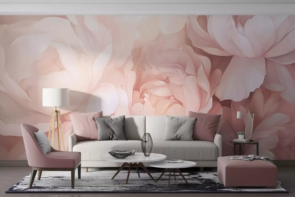 Fototapete Helle, pastellrosa Pfingstrosen mit weichen, strukturierten, zarten Blütenblättern, die dicht aneinandergereiht eine dichte Blumenkunst ergeben, sanfte Beleuchtung w09319