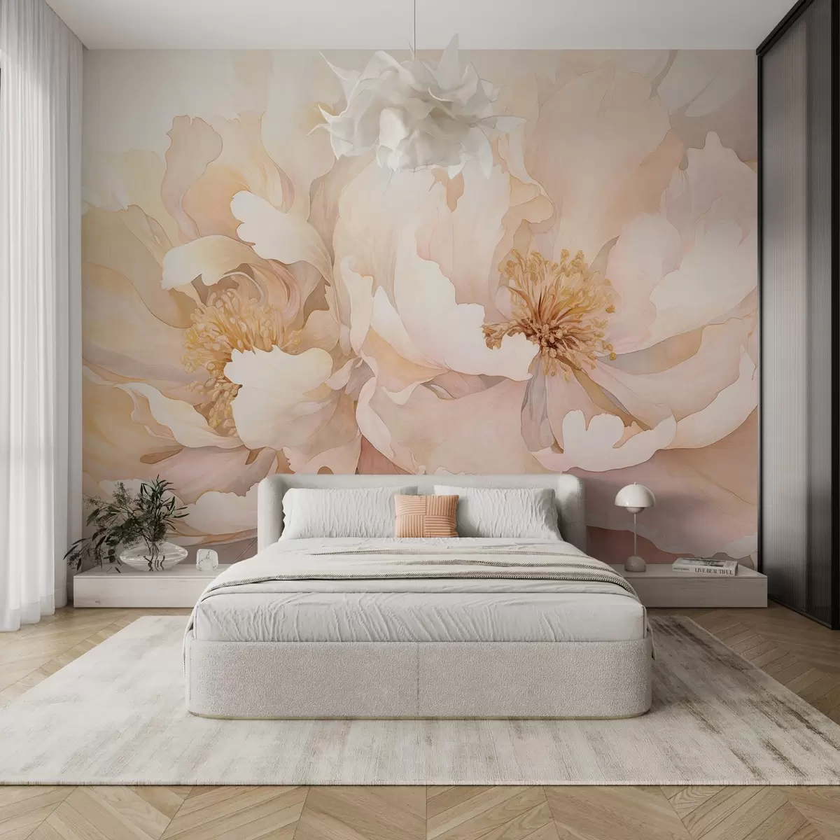 Fototapete Blumen mit Pfingstrosenstruktur und zarten Blütenblättern in cremefarbenen Pfirsich- und hellrosa Tönen mit einer weichen, aquarellartigen Textur w09321