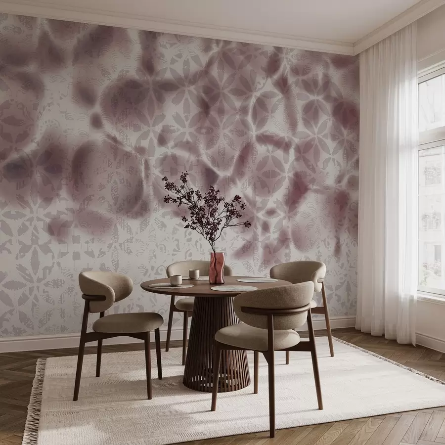 Fototapete Abstraktes, strukturiertes Kunstwerk mit Blumendruck, verblasstem und verschwommenem Effekt, der eine weiche und verträumte Atmosphäre schafft w09322v1