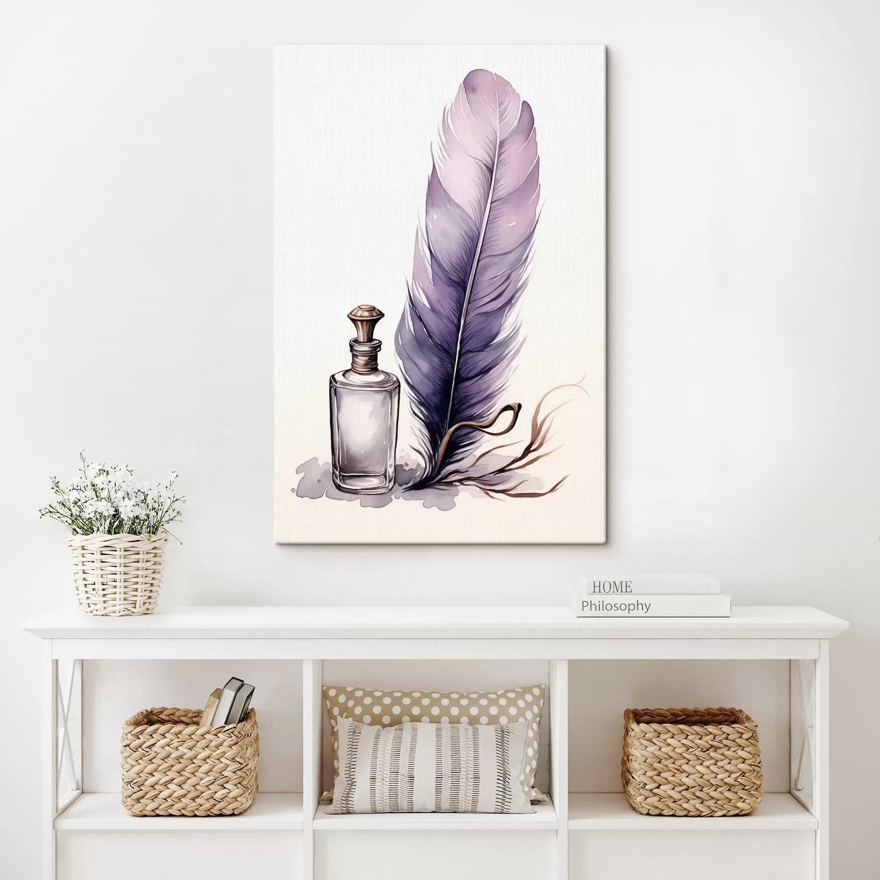 Fototapete Aquarell-Illustration einer Feder und eines Tintenfasses aus Glas s45410