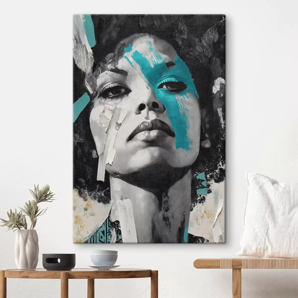 Fototapete Mixed Media Portrait mit Fragmenten von Farbstrichen und Texturen s45416
