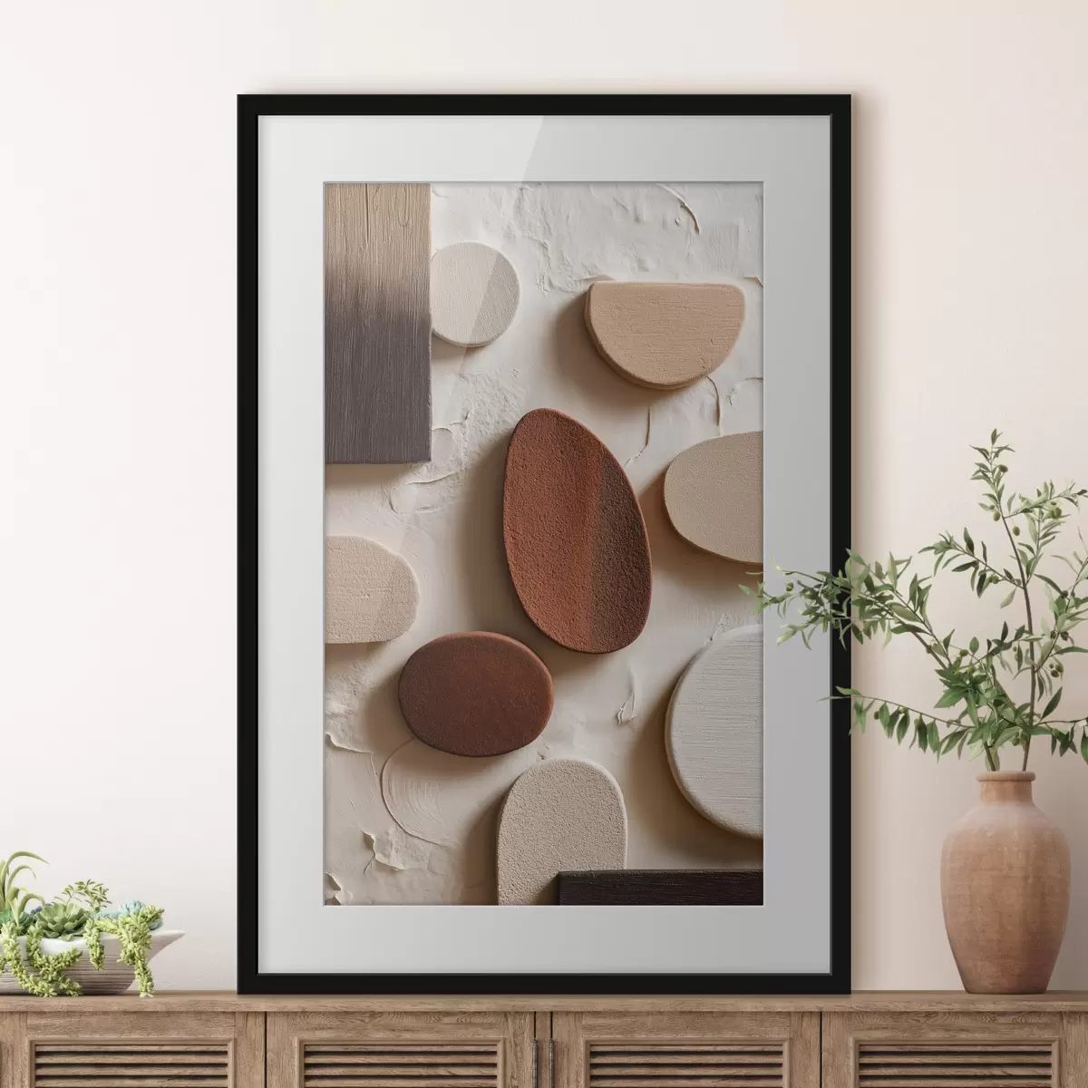 Poster Abstrakte Komposition mit dreidimensionalen geometrischen Formen auf einem Reliefhintergrund f45409