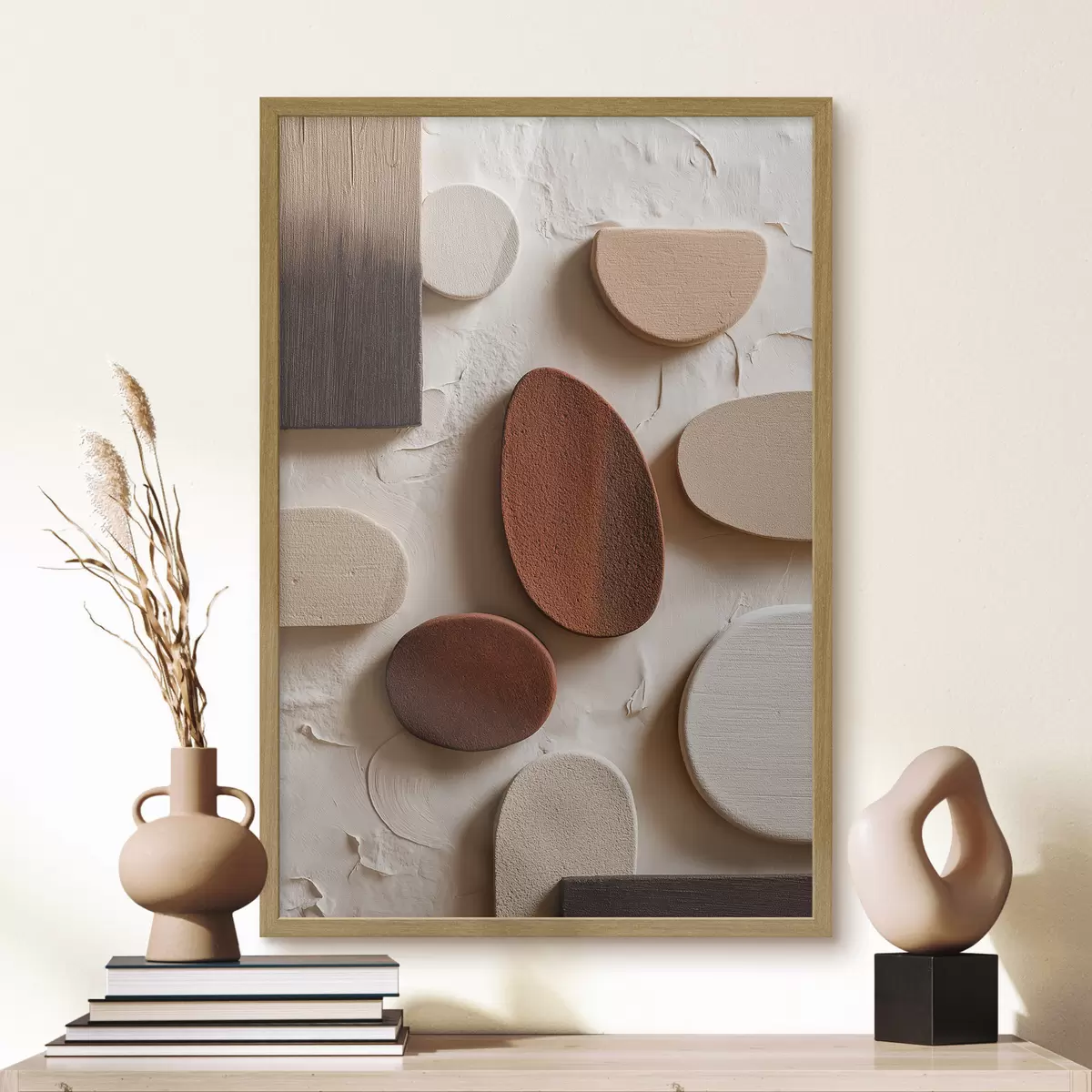 Poster Abstrakte Komposition mit dreidimensionalen geometrischen Formen auf einem Reliefhintergrund f45409