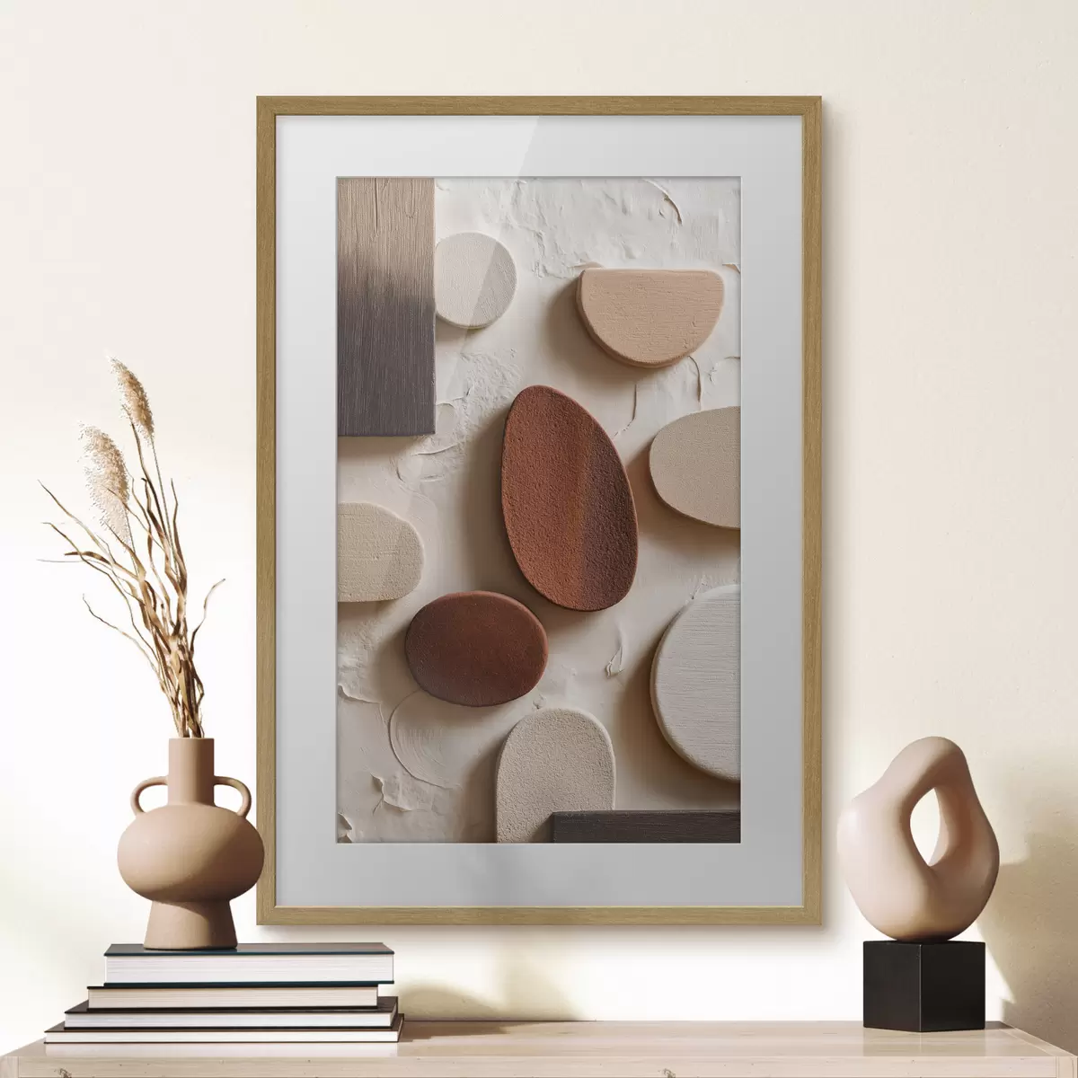 Poster Abstrakte Komposition mit dreidimensionalen geometrischen Formen auf einem Reliefhintergrund f45409