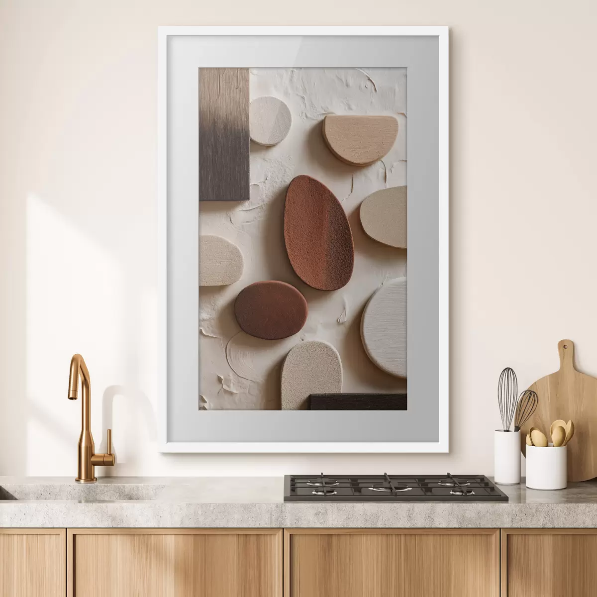 Poster Abstrakte Komposition mit dreidimensionalen geometrischen Formen auf einem Reliefhintergrund f45409