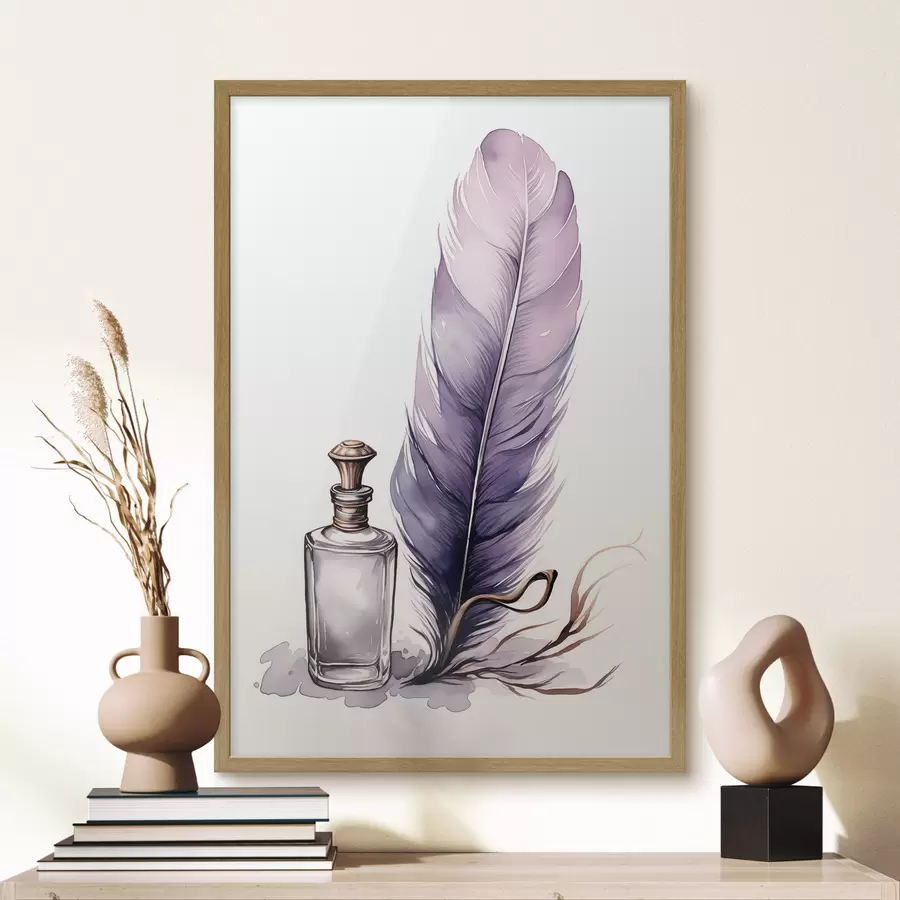 Fototapete Aquarell-Illustration einer Feder und eines Tintenfasses aus Glas f45410